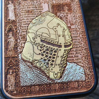 Medieval knight wooden phone case featuring hand-painted armor design, laser-engraved on cherrywood. Compatible with iPhone -11 Pro Max, Galaxy S-S20. Gothic-inspired phone case.