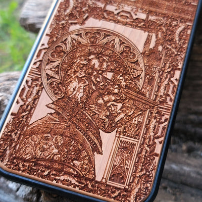 Wooden phone case with gothic Confession design, carved with intricate details. Compatible with iPhone , iPhone 15, Samsung Galaxy S, S24, and more. Unique, handcrafted, and eco-friendly.