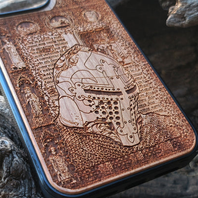 Intricately carved wooden phone case featuring a medieval knight helmet and gothic designs. Handcrafted for iPhone  and Galaxy S users, perfect for fans of history and medieval art.