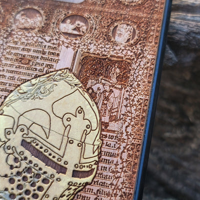 Medieval knight wooden phone case featuring hand-painted armor design, laser-engraved on cherrywood. Compatible with iPhone -11 Pro Max, Galaxy S-S20. Gothic-inspired phone case.