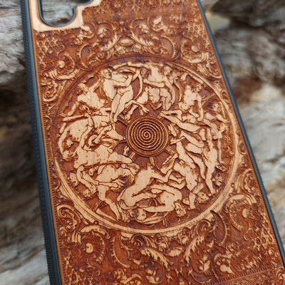 War-themed wooden phone case with gothic engravings, designed for iPhone , iPhone 15, Samsung Galaxy S, Note 20, and more. Intricate, handcrafted design perfect for history and gothic art enthusiasts.