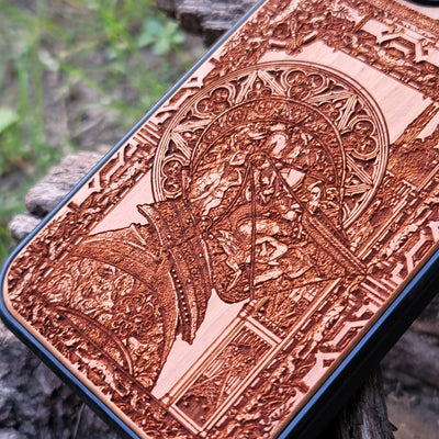 Wooden phone case with gothic Confession design, carved with intricate details. Compatible with iPhone , iPhone 15, Samsung Galaxy S, S24, and more. Unique, handcrafted, and eco-friendly.