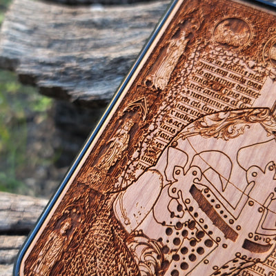 Intricately carved wooden phone case featuring a medieval knight helmet and gothic designs. Handcrafted for iPhone  and Galaxy S users, perfect for fans of history and medieval art.