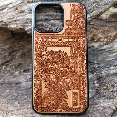 Wooden phone case with gothic Confession design, carved with intricate details. Compatible with iPhone , iPhone 15, Samsung Galaxy S, S24, and more. Unique, handcrafted, and eco-friendly.