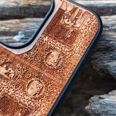 Intricately carved wooden phone case featuring a medieval knight helmet and gothic designs. Handcrafted for iPhone  and Galaxy S users, perfect for fans of history and medieval art.