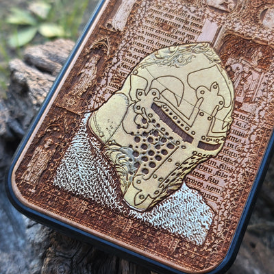 Medieval knight wooden phone case featuring hand-painted armor design, laser-engraved on cherrywood. Compatible with iPhone -11 Pro Max, Galaxy S-S20. Gothic-inspired phone case.