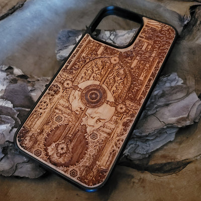 Religious gothic wooden phone case featuring intricate carvings, perfect for iPhone , iPhone 15, Galaxy S, and other models. A unique, handcrafted accessory ideal for fans of gothic and religious art.