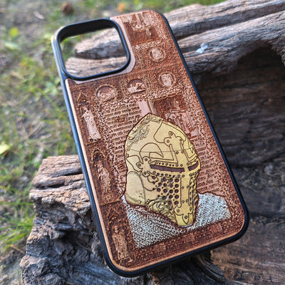 Medieval knight wooden phone case featuring hand-painted armor design, laser-engraved on cherrywood. Compatible with iPhone -11 Pro Max, Galaxy S-S20. Gothic-inspired phone case.