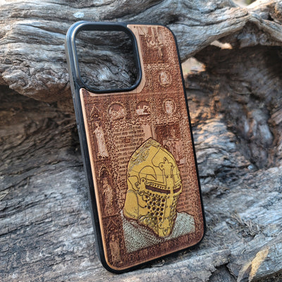 Medieval knight wooden phone case featuring hand-painted armor design, laser-engraved on cherrywood. Compatible with iPhone -11 Pro Max, Galaxy S-S20. Gothic-inspired phone case.