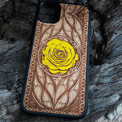 Yellow rose engraved on a wooden phone case, compatible with iPhone and Samsung Galaxy