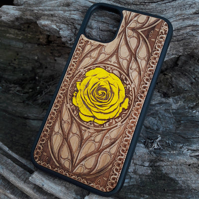 Yellow rose engraved on a wooden phone case, compatible with iPhone and Samsung Galaxy