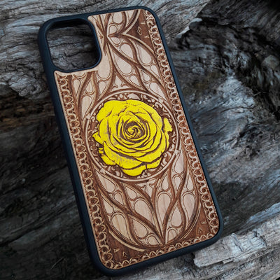 Yellow rose engraved on a wooden phone case, compatible with iPhone and Samsung Galaxy